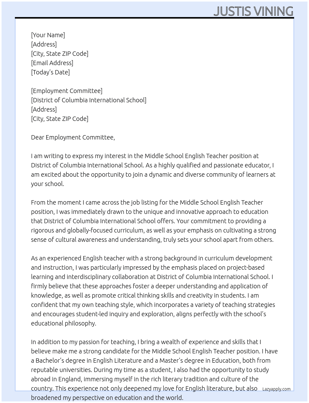 Middle School English Teacher At District of Columbia International School Cover Letter