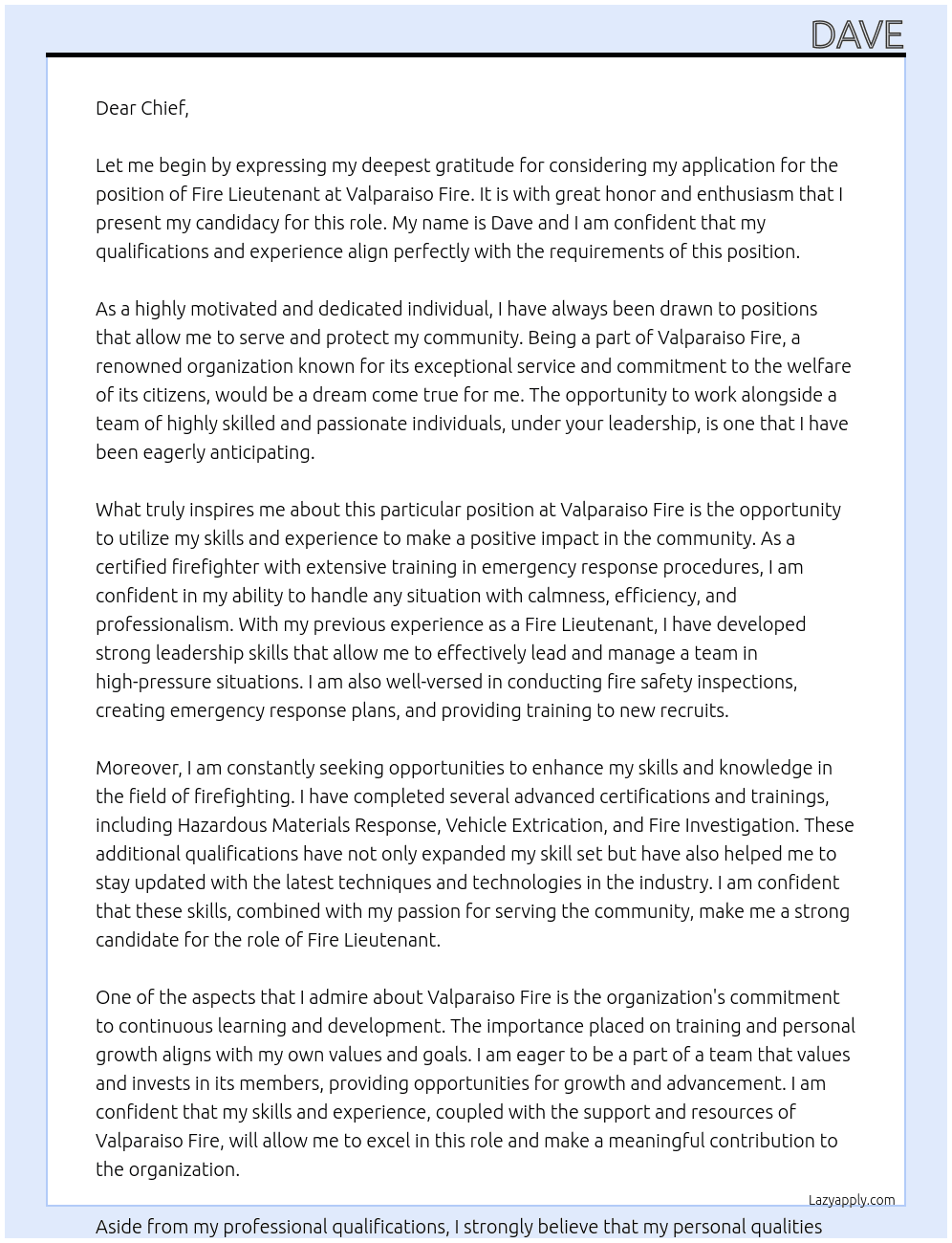 Fire Leutenant At Valparaiso Fire Cover Letter