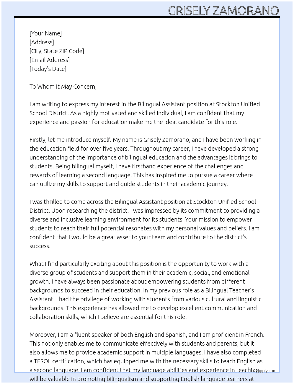Bilingual Assistent At Stockton Unified School District  Cover Letter