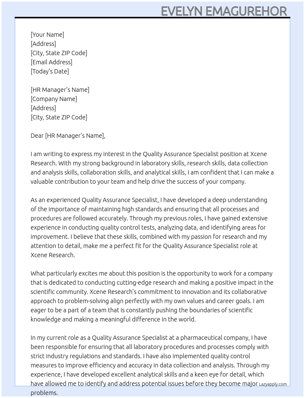 Quality Assurance Specialist At  Xcene Research  Cover Letter
