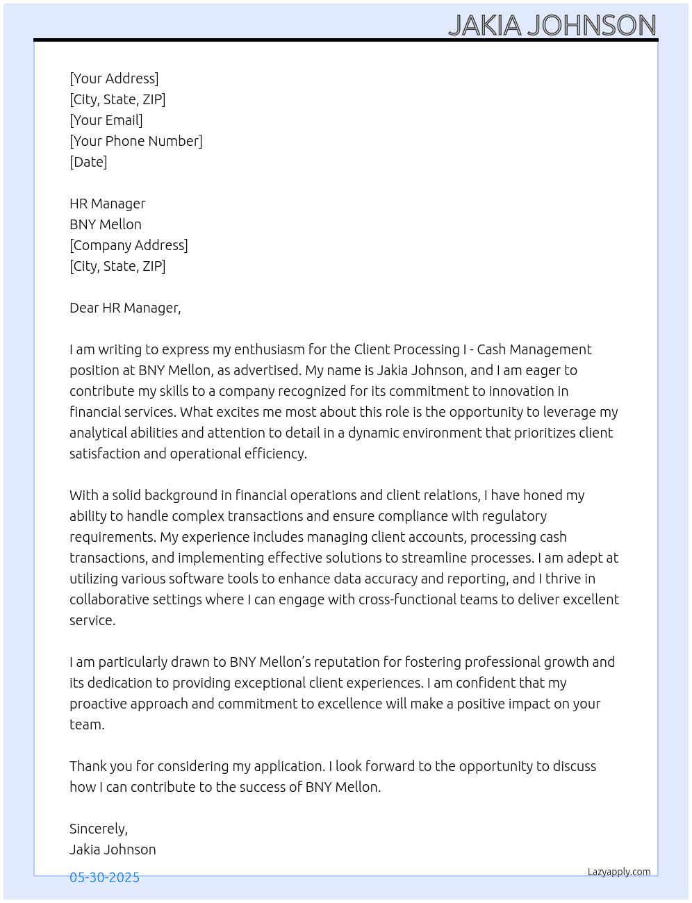  Client Processing  I - Cash Management  At BNY Mellon Cover Letter