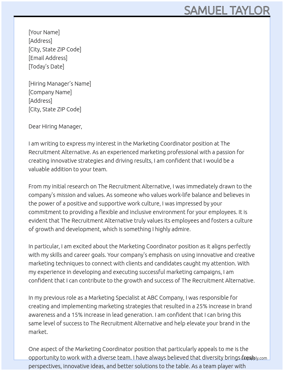 Marketing Coordinator At The recruitment alternative Cover Letter