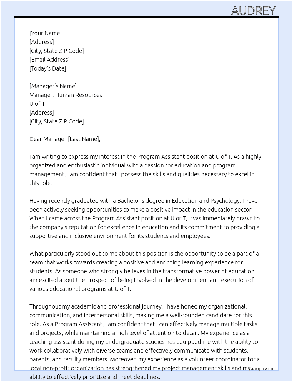 program assistant At U of T Cover Letter