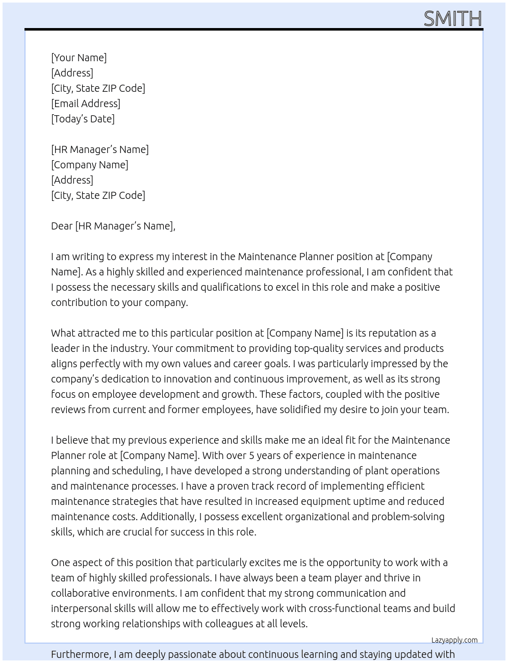 Maintenance Planner At Smith Cover Letter