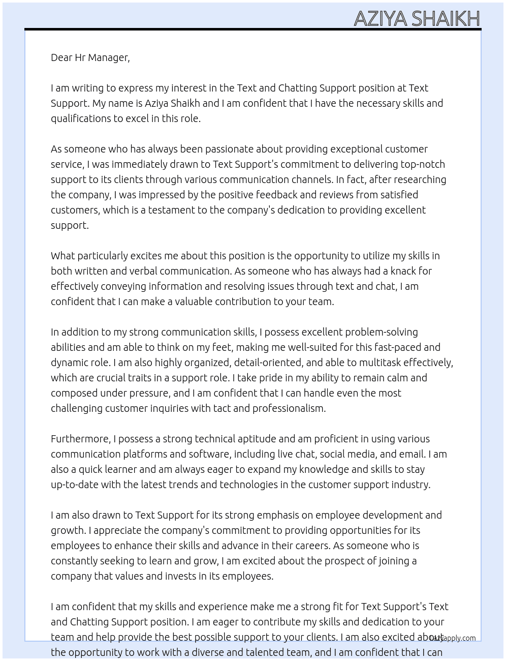 Text and chatting support At Text support Cover Letter