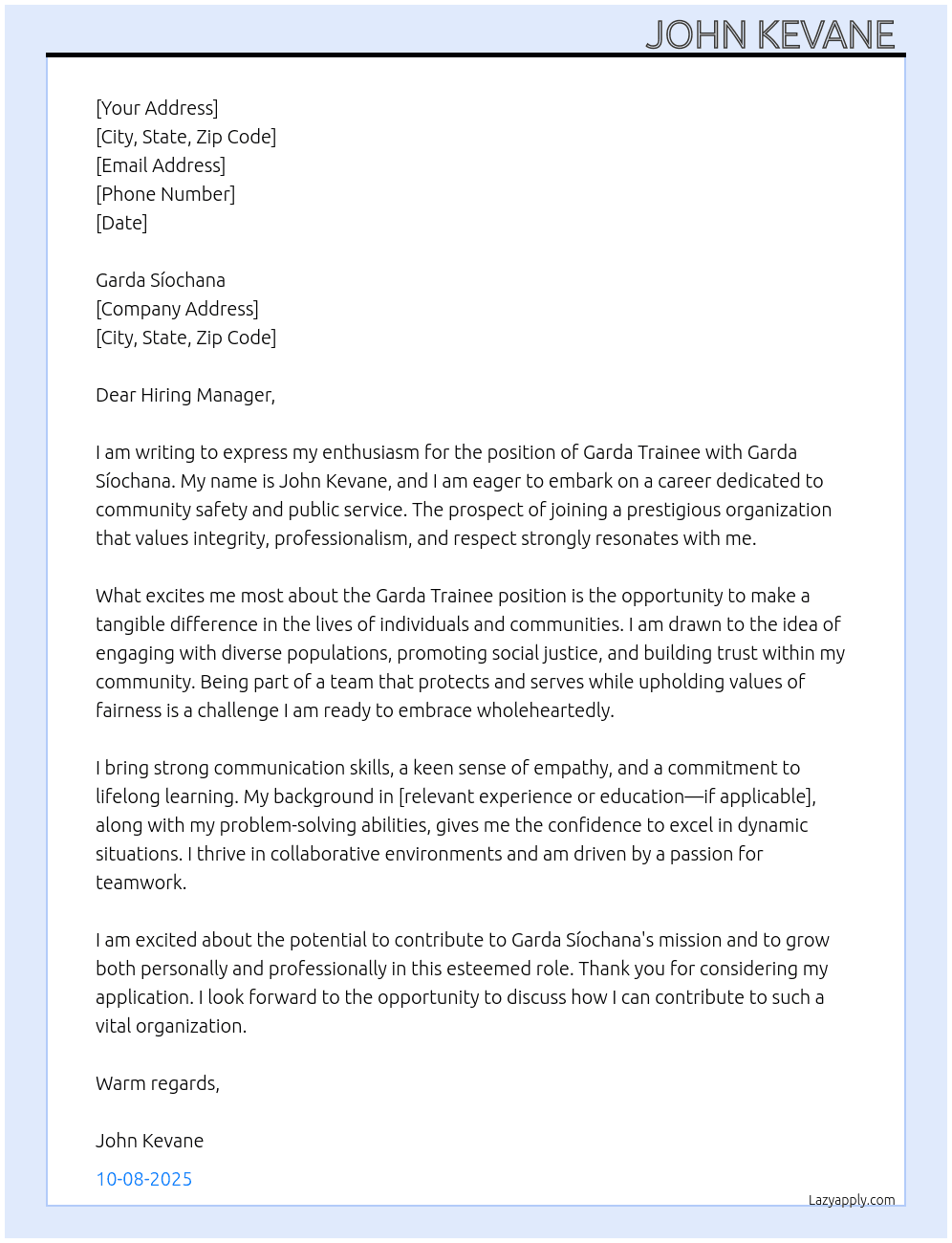 Garda trainee At Garda Síochana  Cover Letter