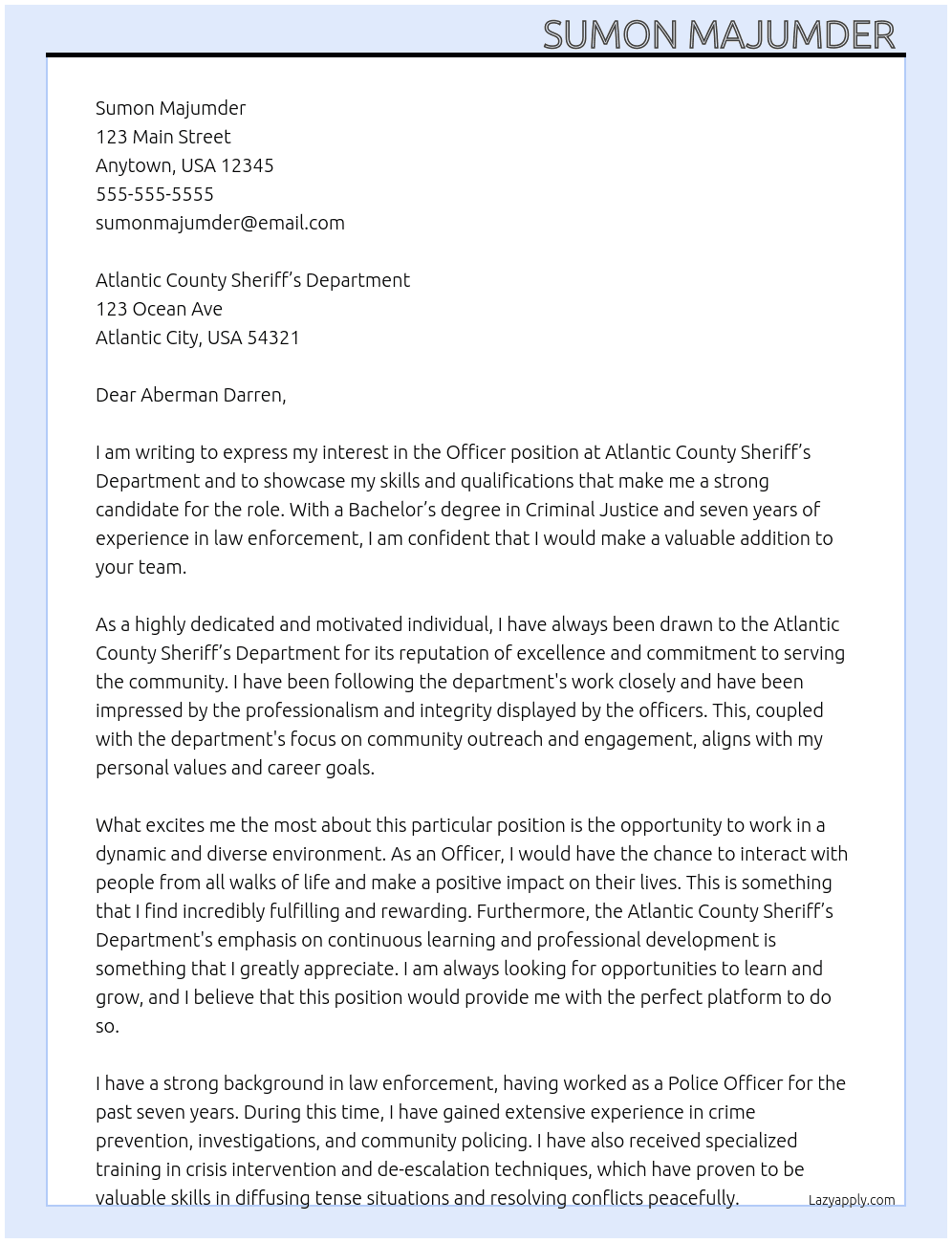 Officer  At Atlantic County Sheriff’s Department  Cover Letter