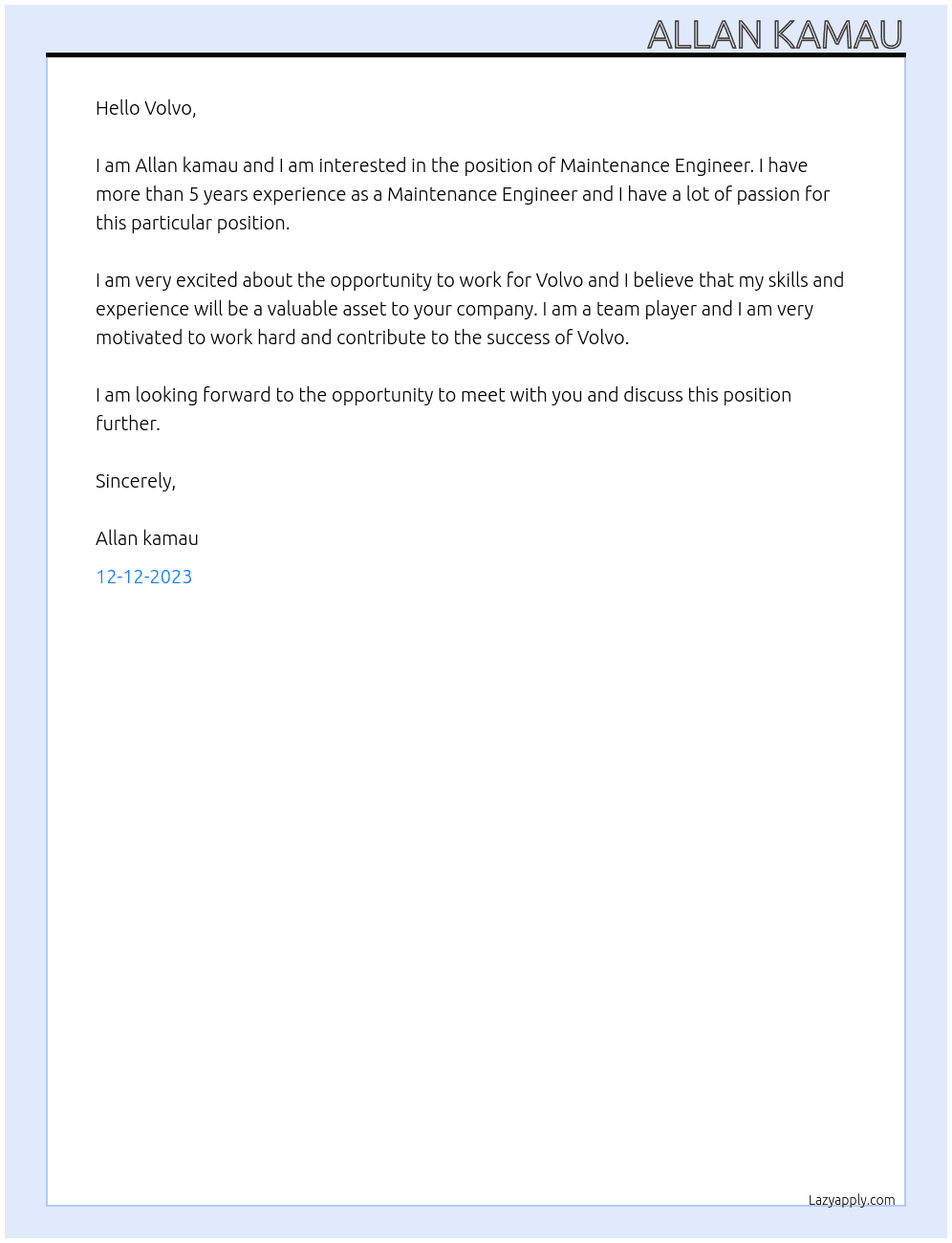 Maintenance Engineer At Volvo Cover Letter