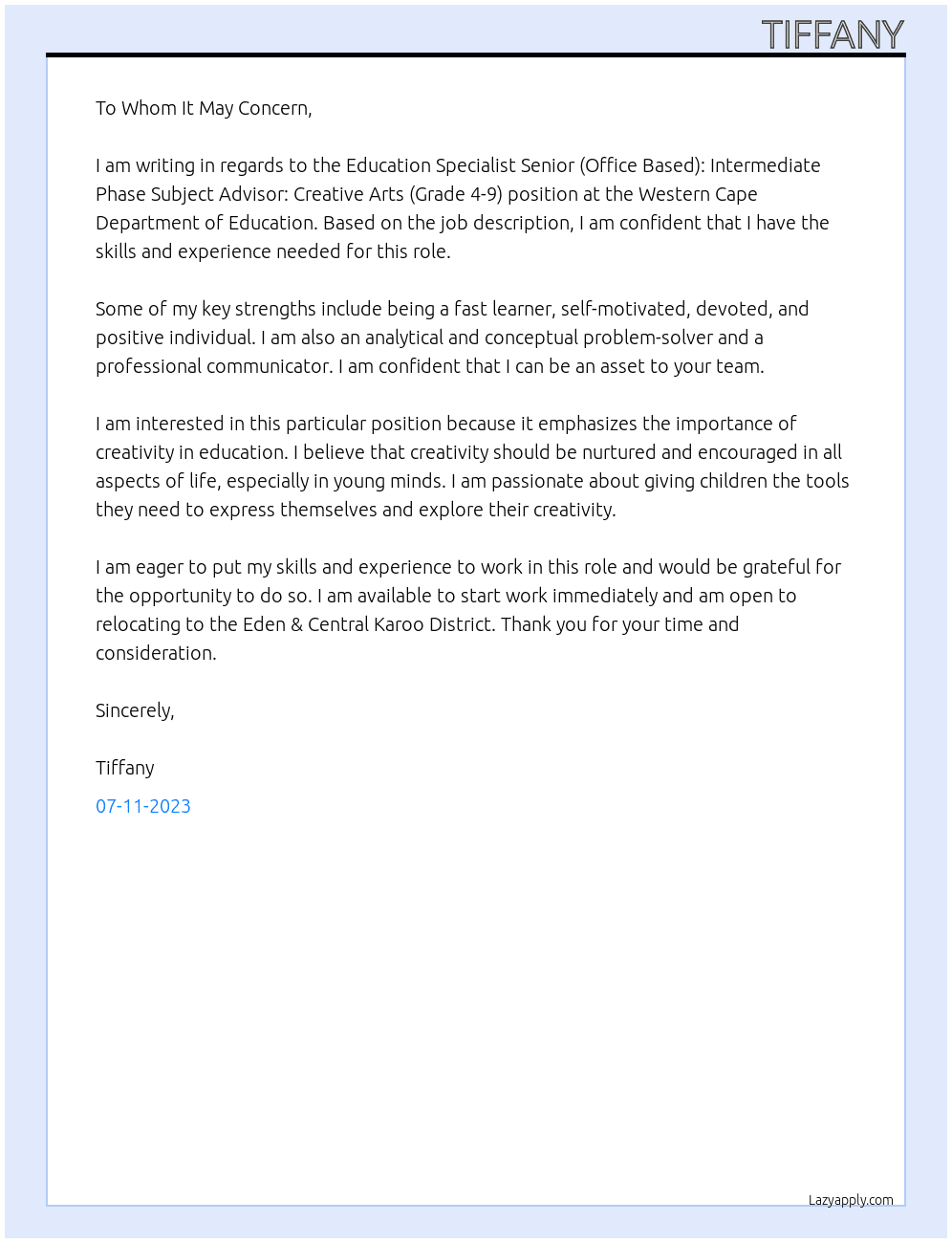 EDUCATION SPECIALIST SENIOR (OFFICE BASED): INTERMEDIATE PHASE SUBJECT ADVISOR: CREATIVE ARTS (GRADE 4-9) At Western Cape Department of Education  Cover Letter