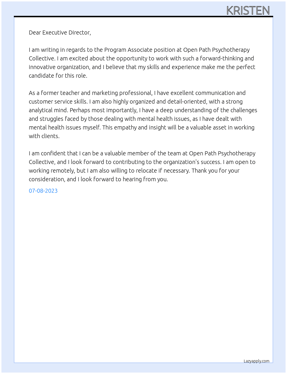 Program Associate At Open Path Psychotherapy Collective Cover Letter