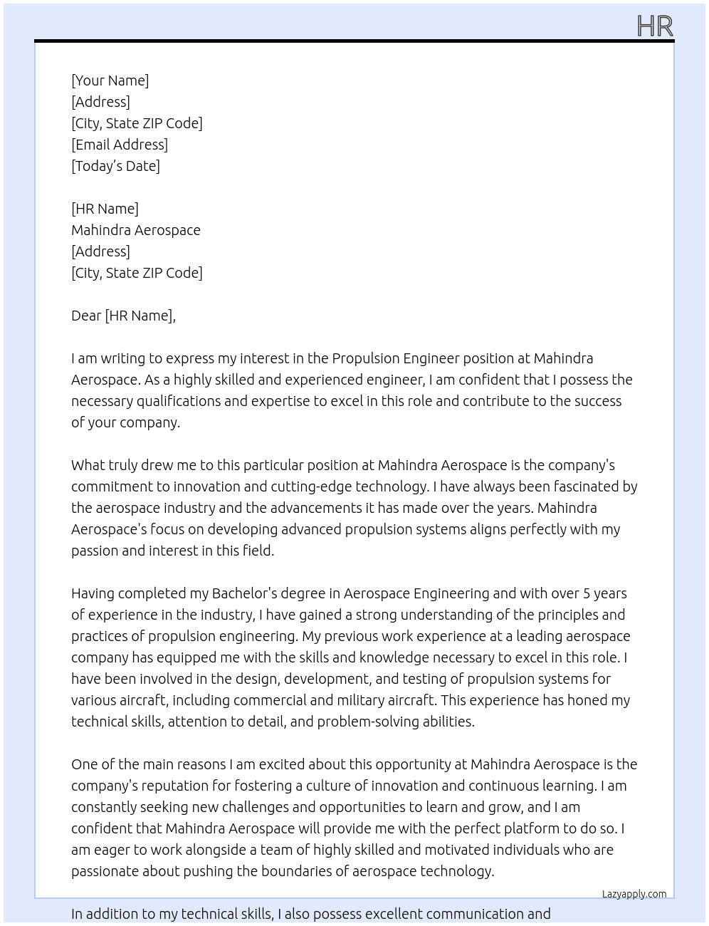 Propulsion Engineer At Mahindra Aerospace Cover Letter