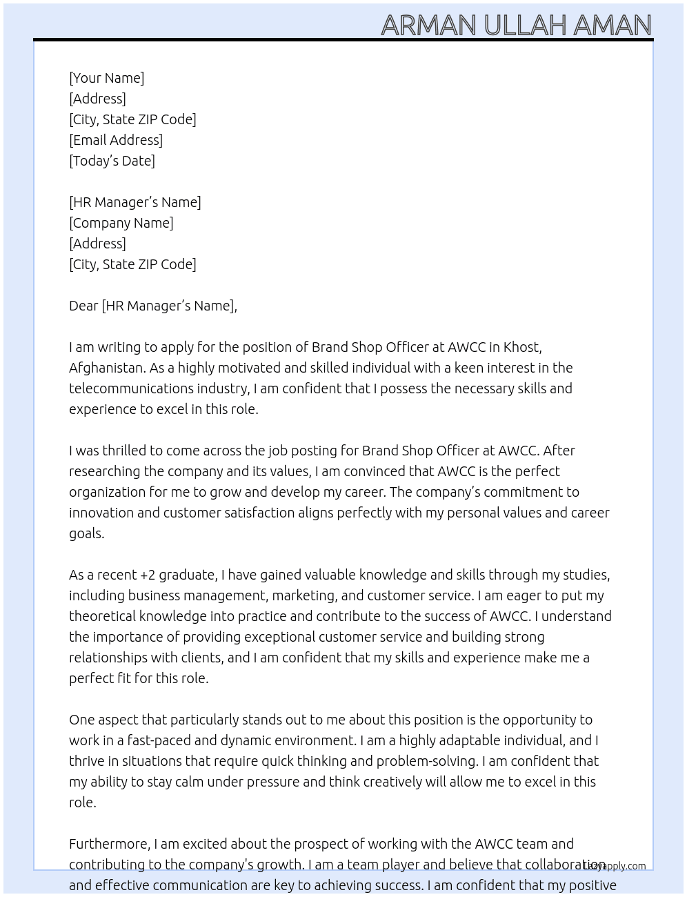 Brand Shop Officer At AWCC Cover Letter