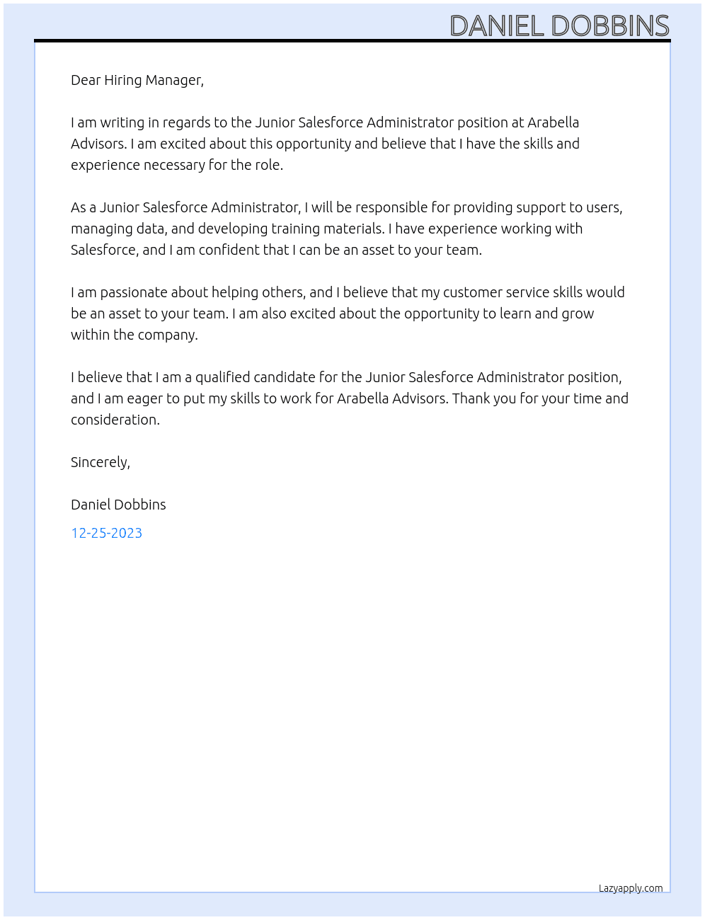 Junior Salesforce Administrator At Arabella Advisors Cover Letter