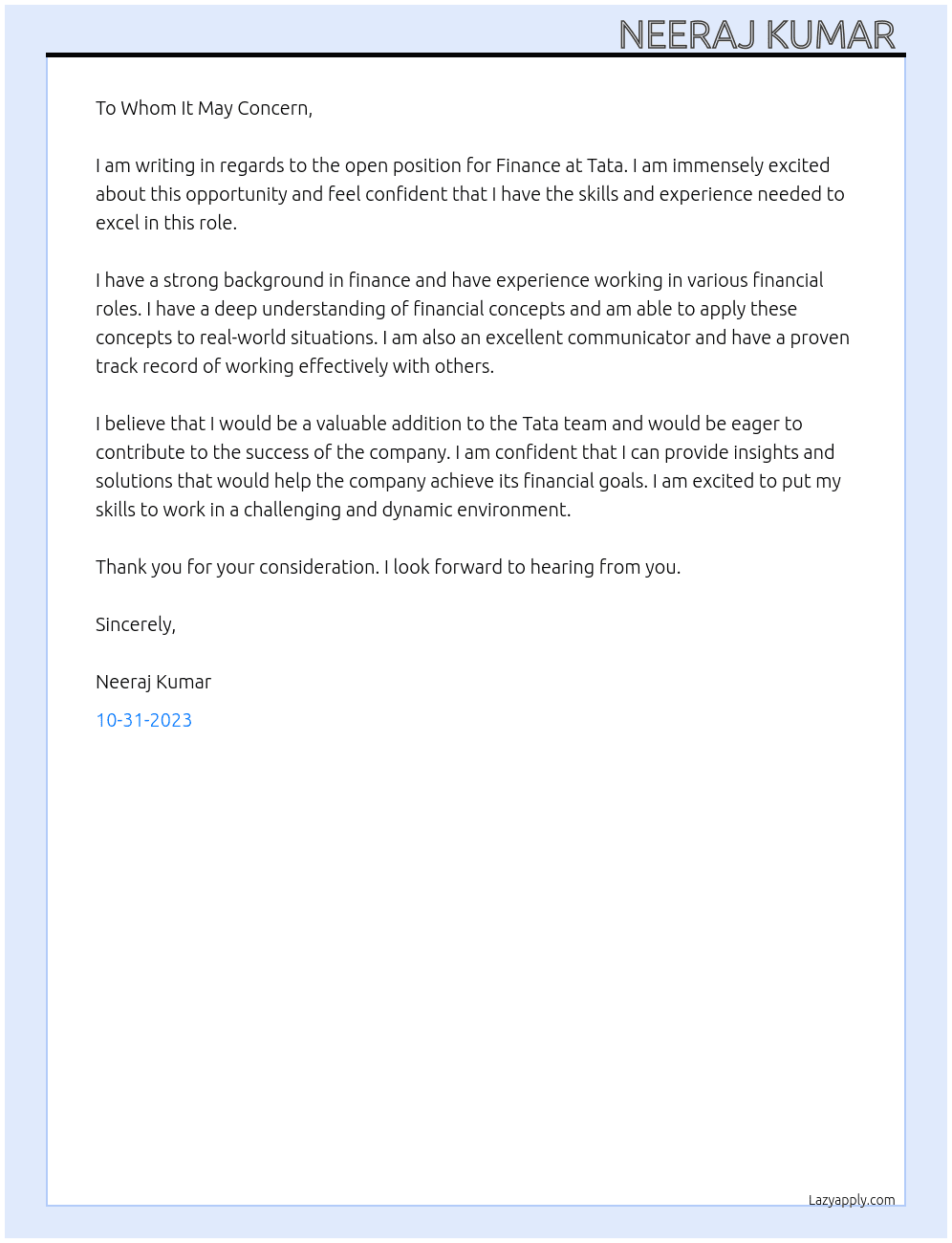 Finance  At Tata Cover Letter