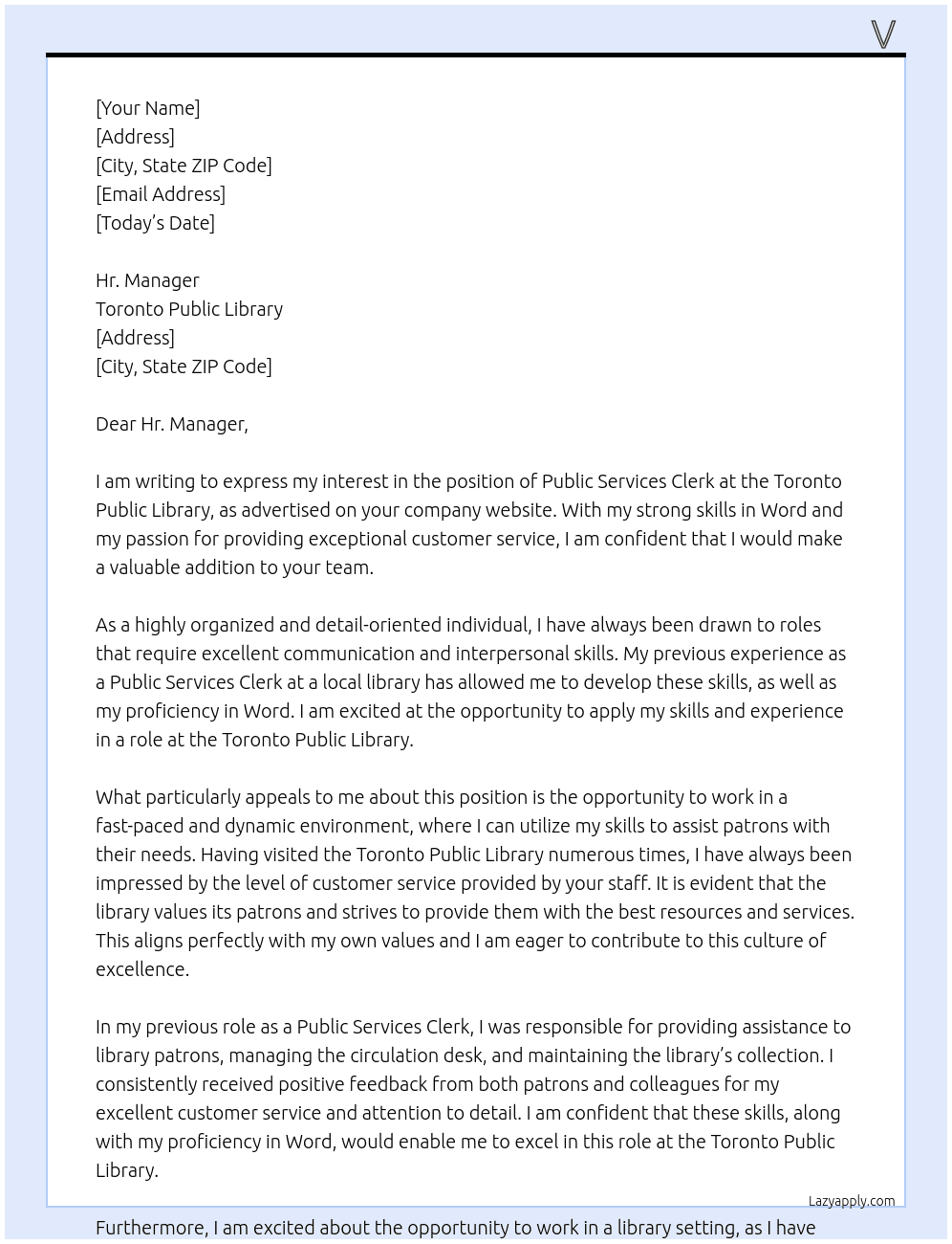 Public Services Clerk    Library  At Toronto public library  Cover Letter