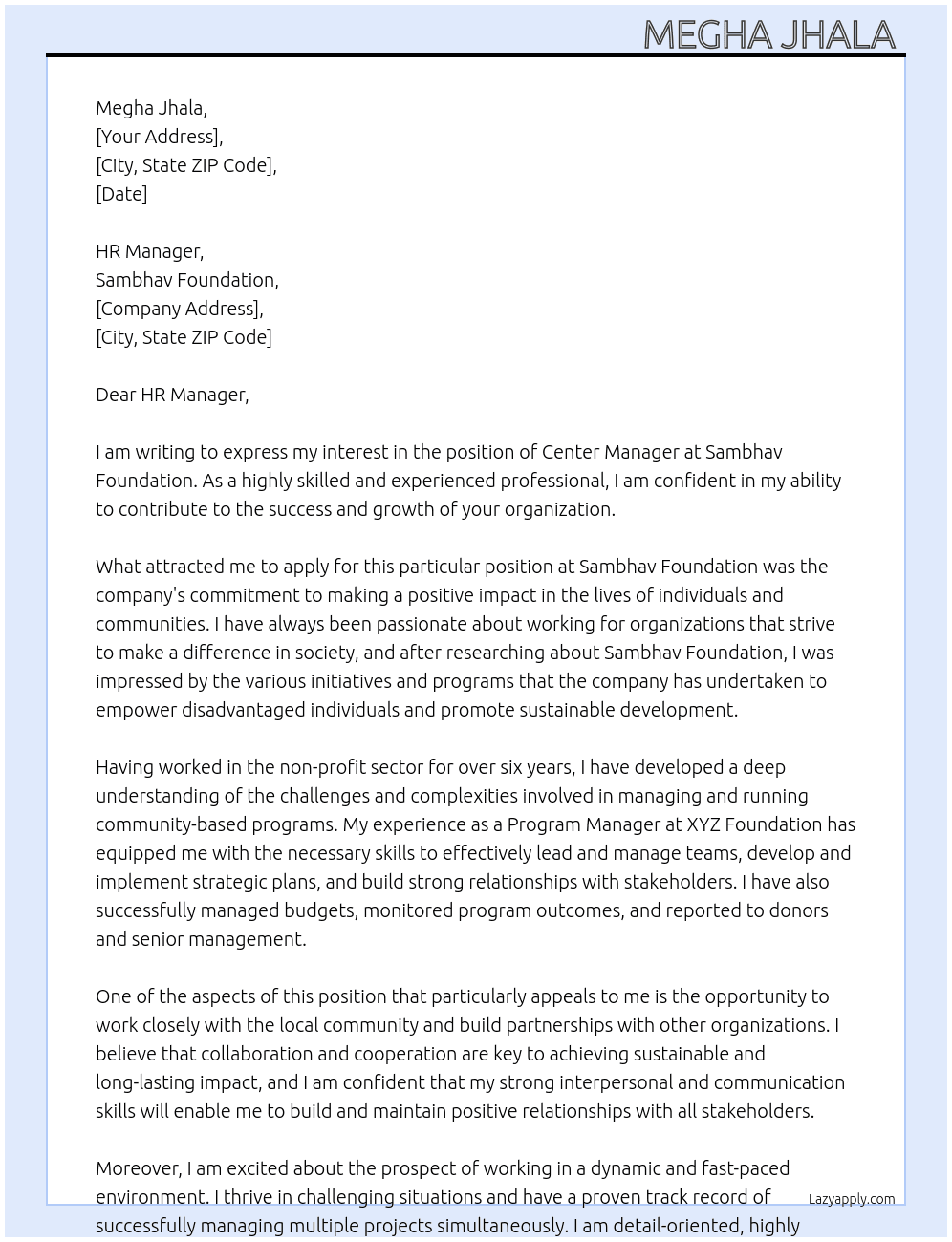 Center manager  At Sambhav foundation  Cover Letter