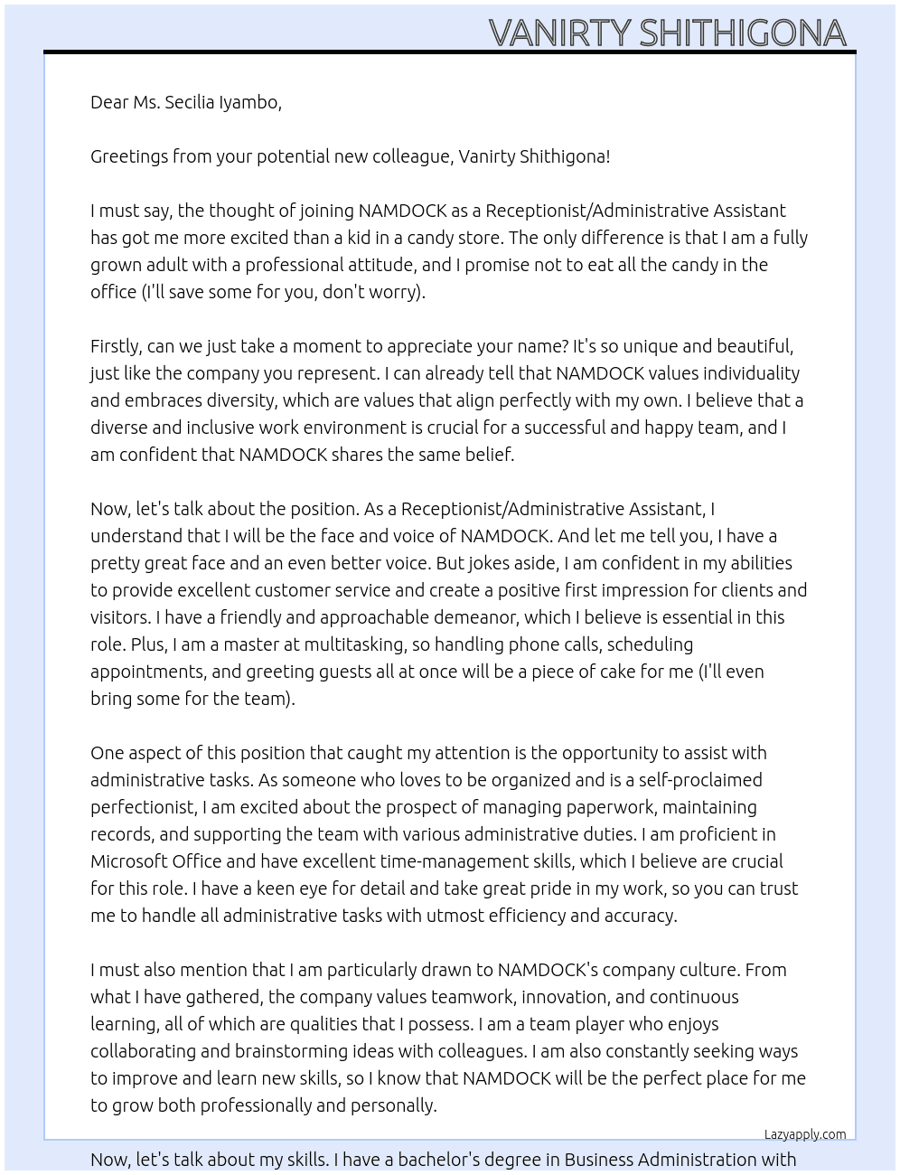 Receptionist/Administrative assistant  At NAMDOCK Cover Letter