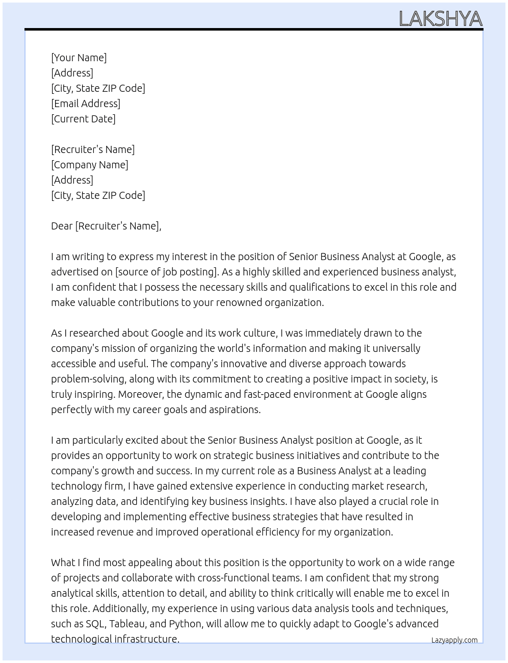 Senior Business Analyst At Google Cover Letter