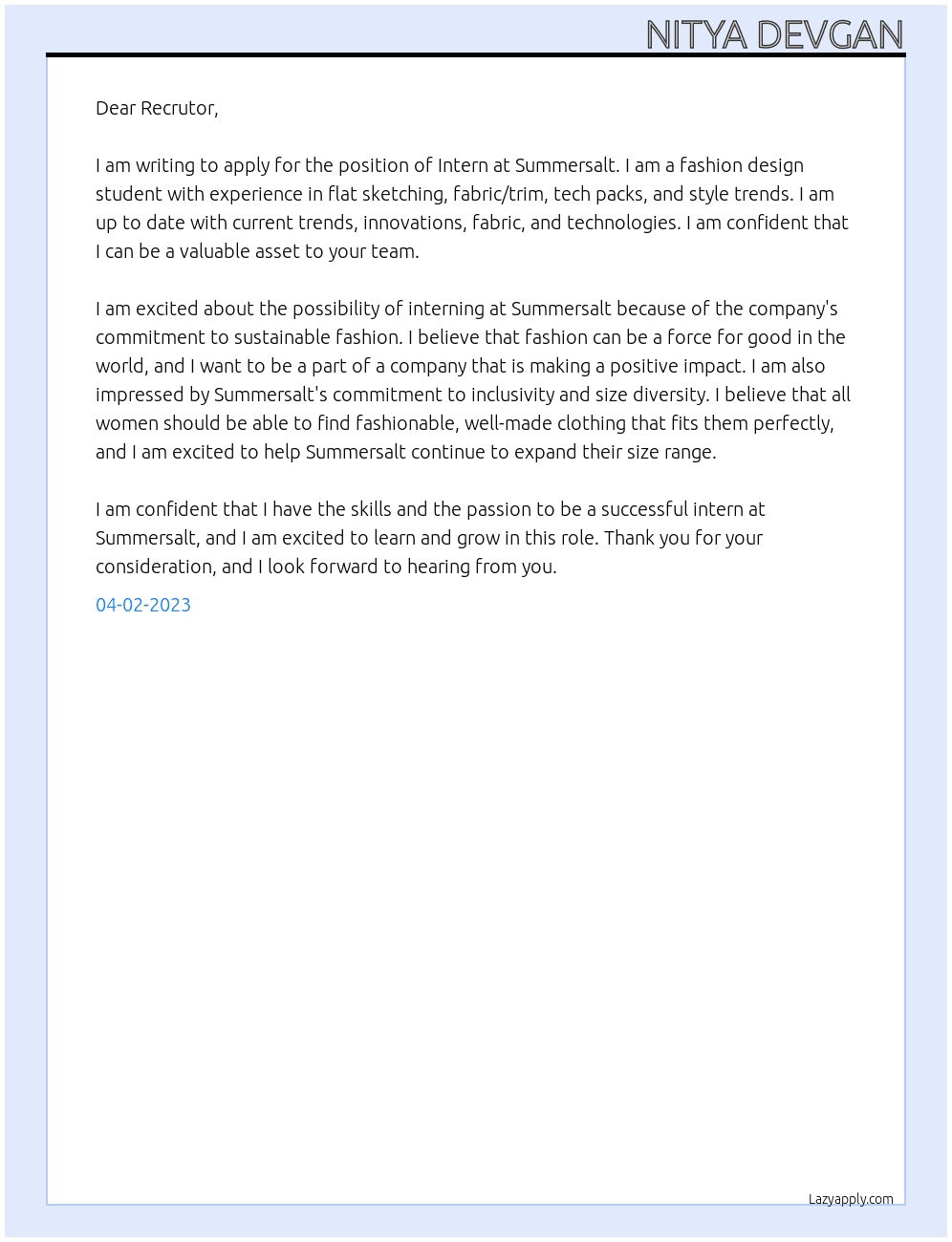 Intern  At Summersalt  Cover Letter
