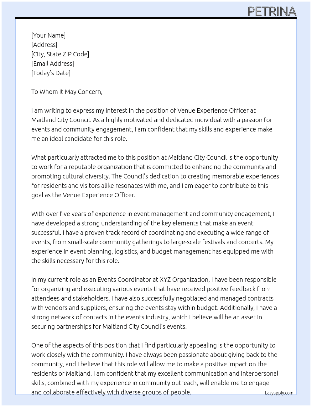 Venue Experience Officer At Maitland City Council Cover Letter