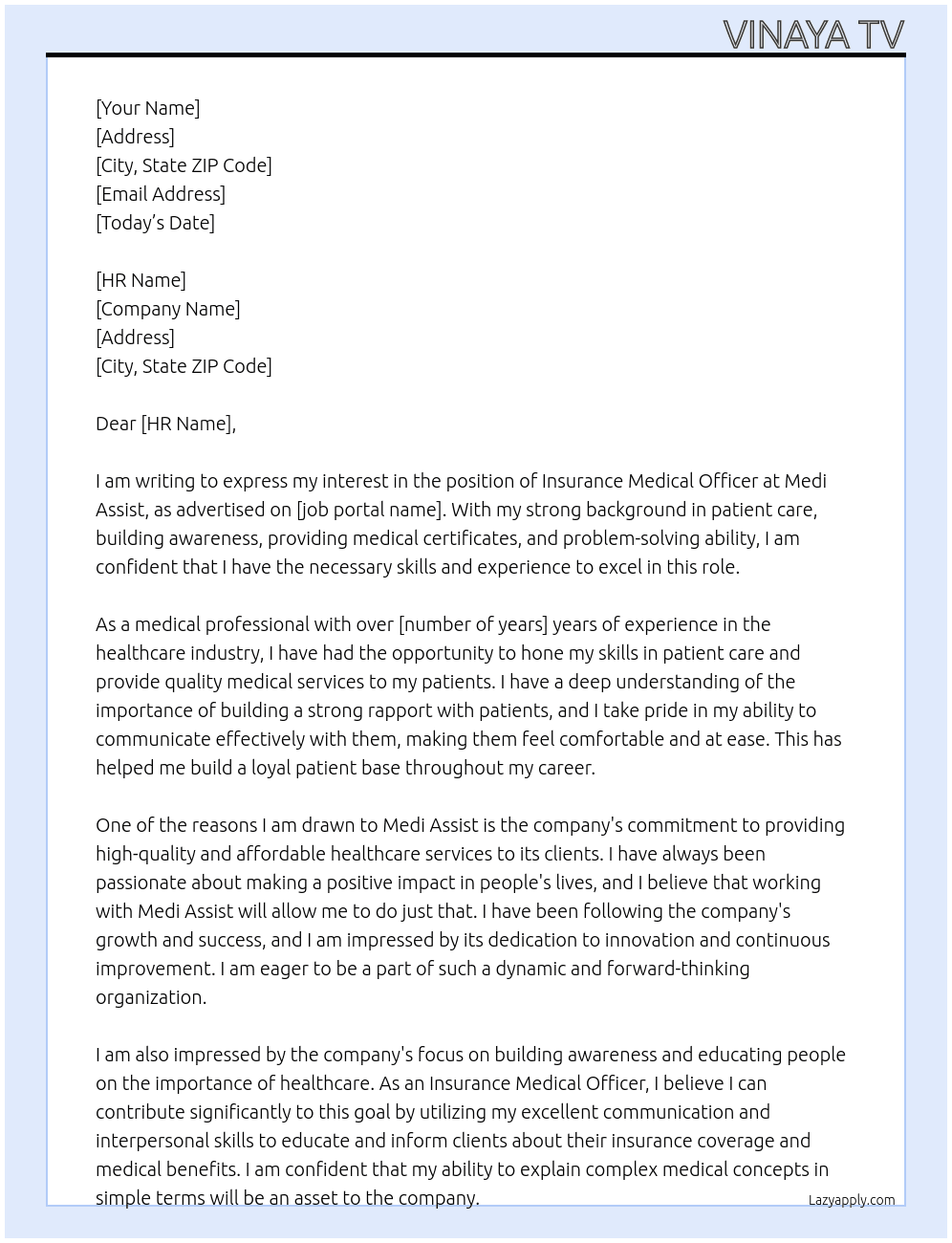 Insurance medical officer At Medi Assist  Cover Letter