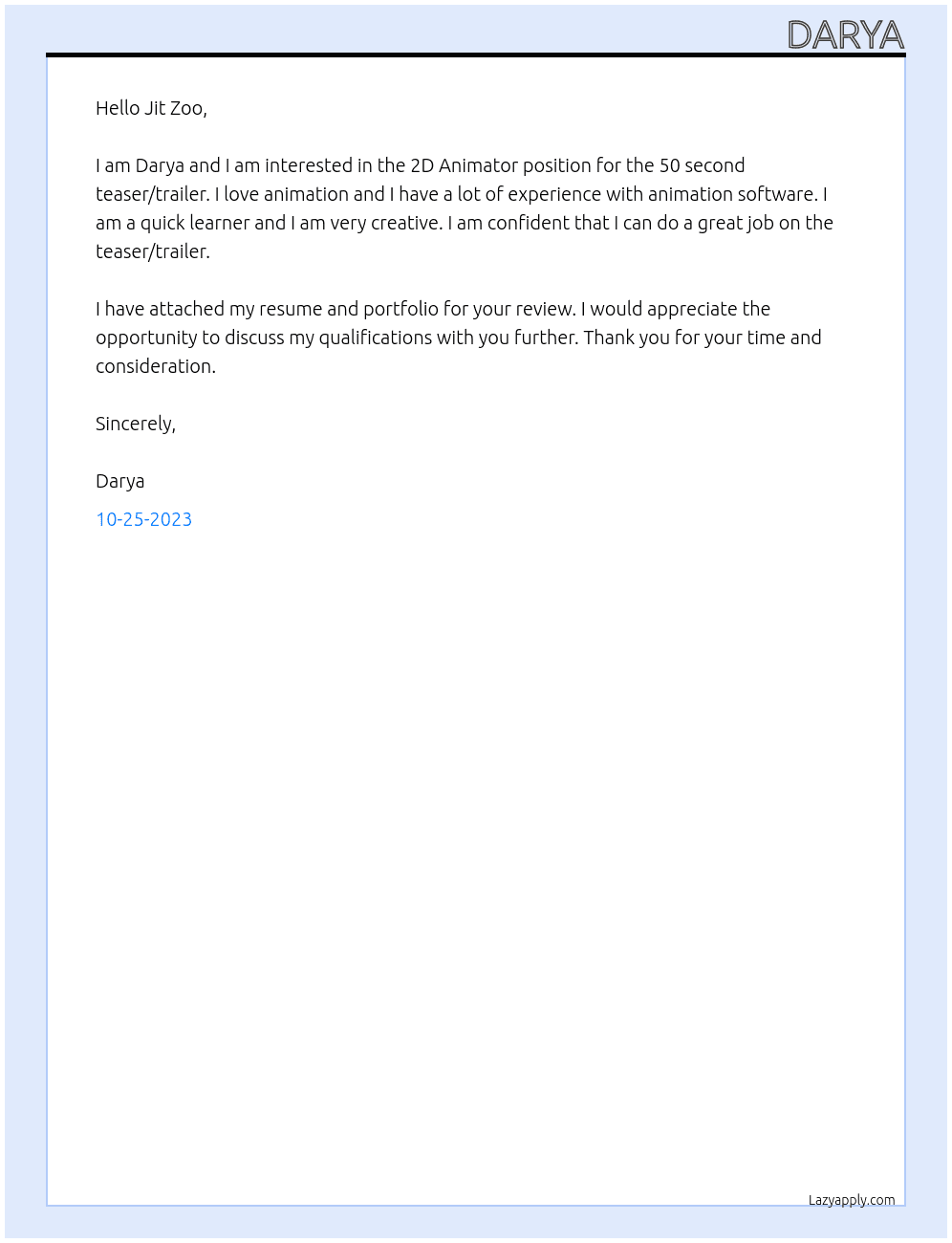 2D Animator for 50 second teaser/trailer At Jit Zoo Cover Letter