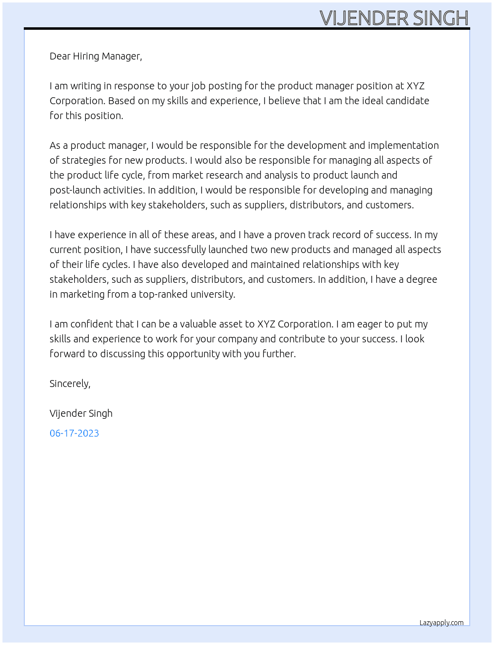 product manager At cym Cover Letter