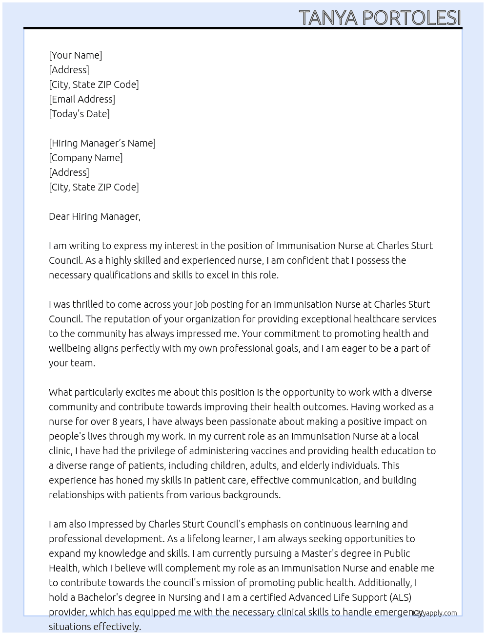 Immunisation Nurse At Charles Sturt Council  Cover Letter