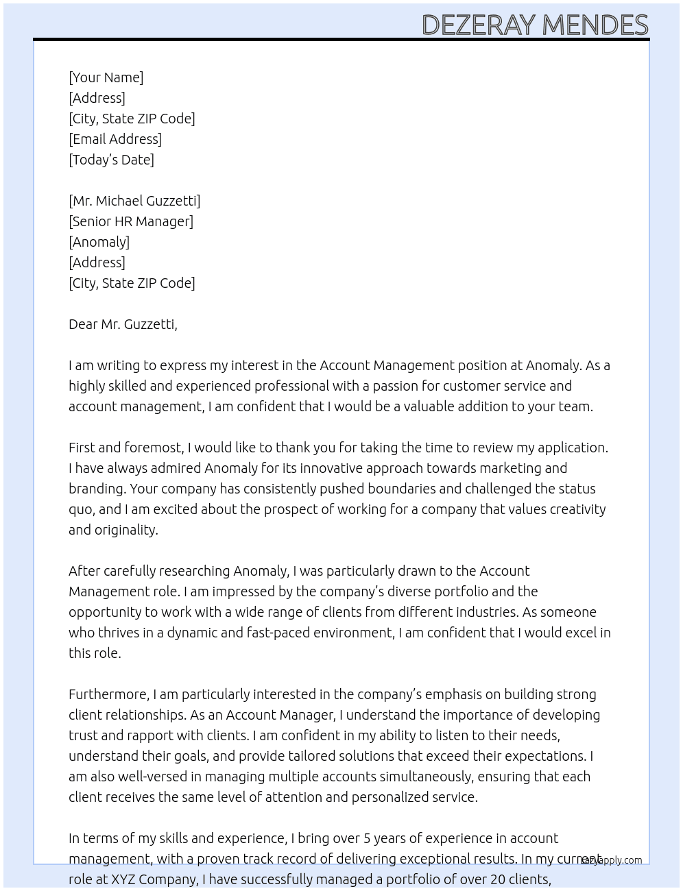 Account Management At Anomaly Cover Letter
