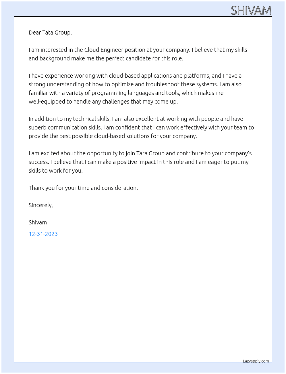 Cloud Engineer At Tata Cover Letter