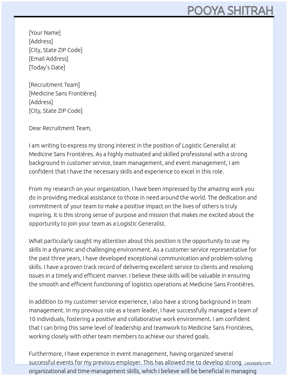 Logistic Generalist At Medicine Sans Frontières Cover Letter