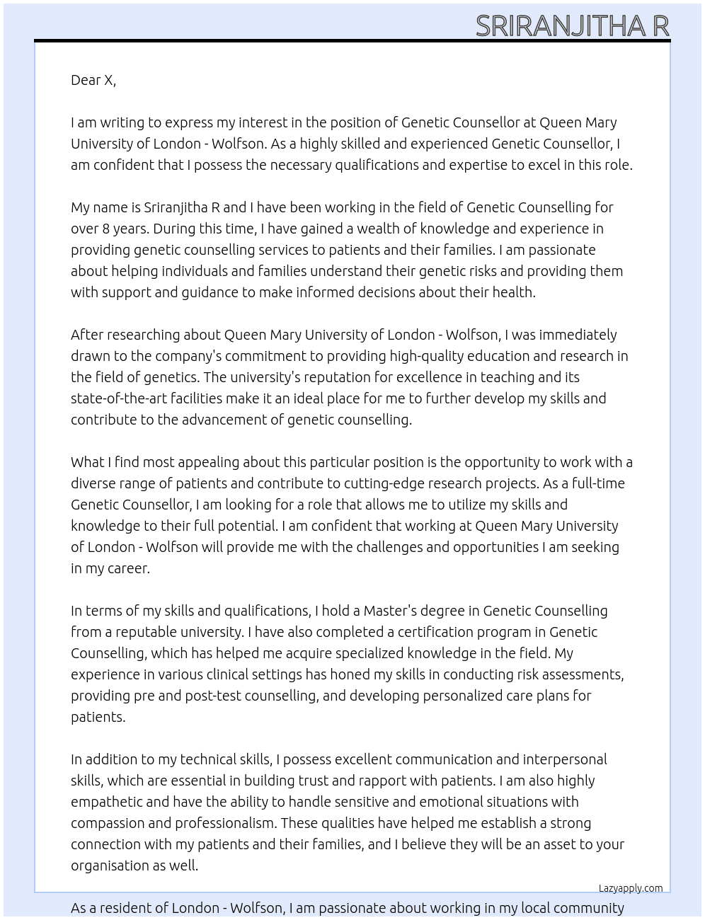 Genetic Counsellor At Queen Mary University of London - Wolfson Cover Letter