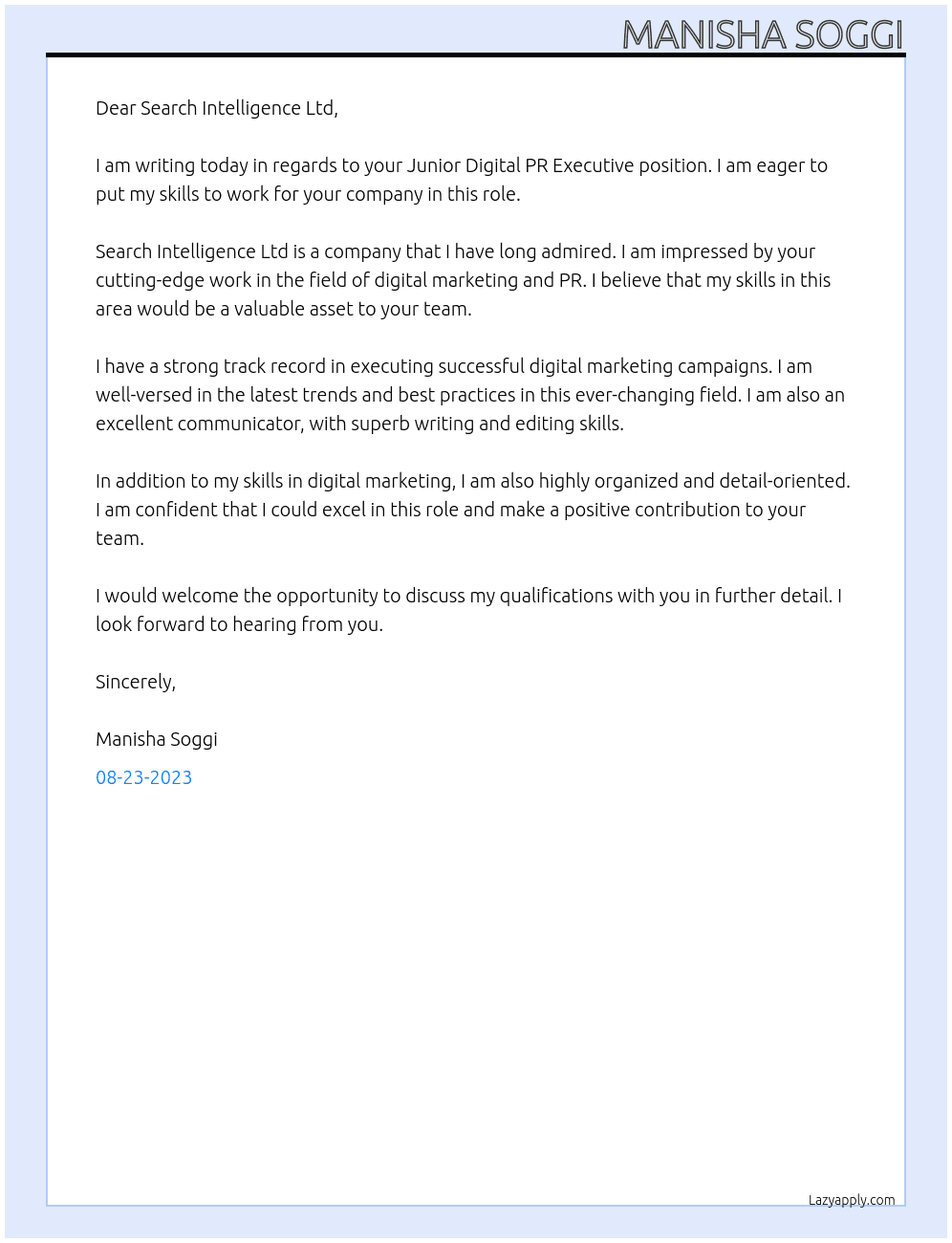 Junior Digital PR Executive At Search Intelligence Ltd Cover Letter