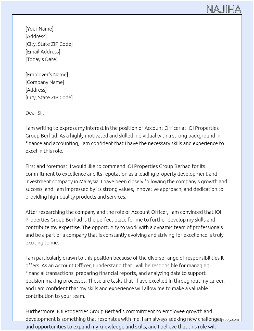 Account Officer At IOI Properties Group Berhad Cover Letter