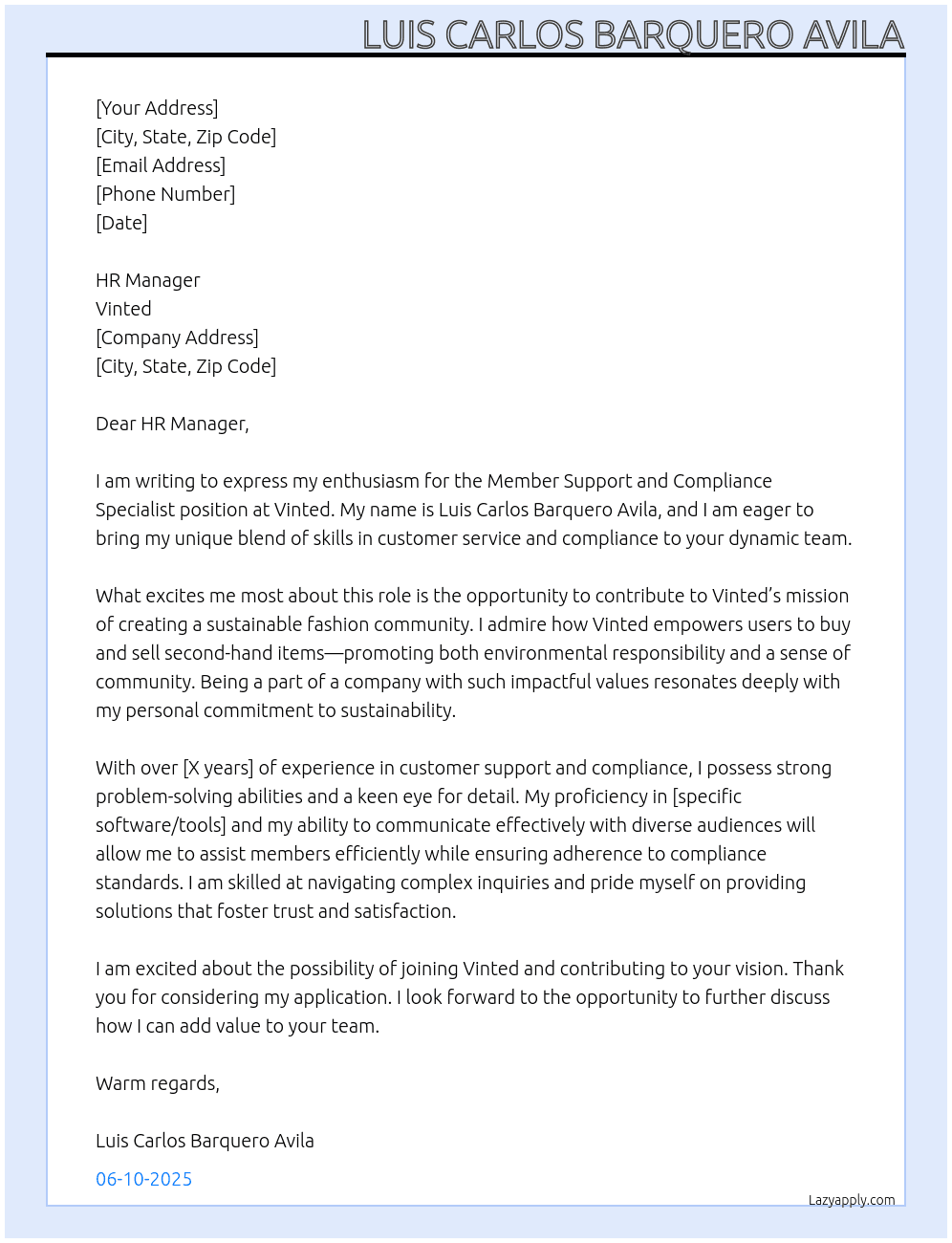 Member Support and Compliance Specialist At vinted Cover Letter