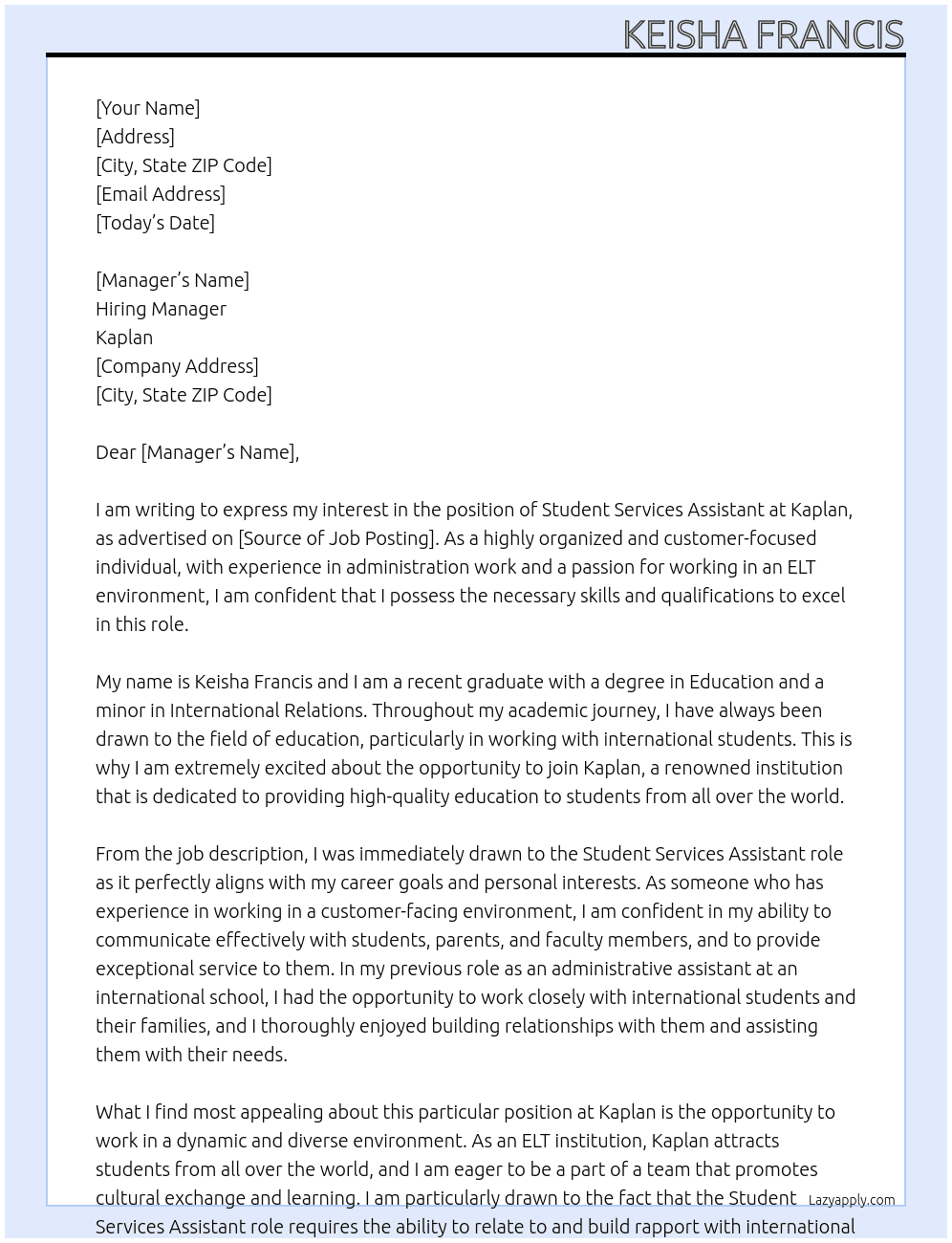Student Services Assistant At Kaplan Cover Letter
