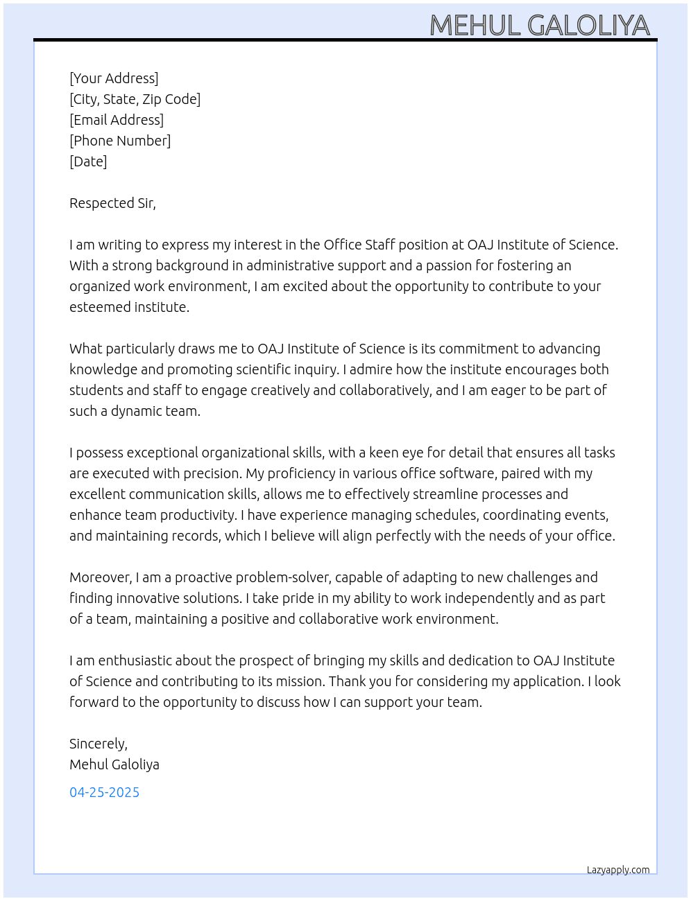Office staff  At OAJ INSTITUTE OF SCIENCE  Cover Letter