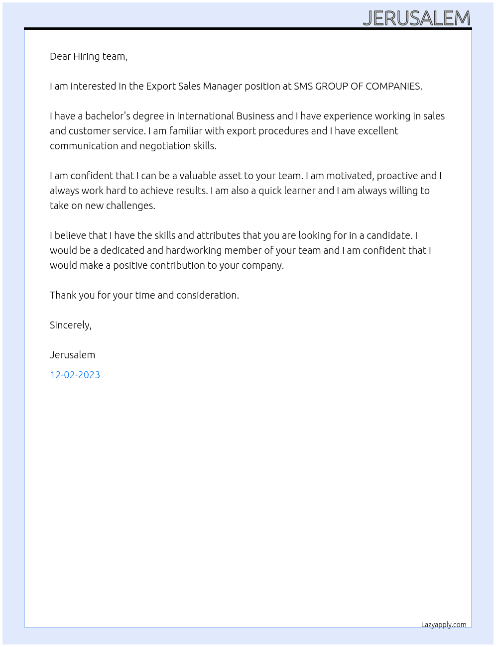 Export Sales Manager At SMS GROUP OF COMPANIES Cover Letter
