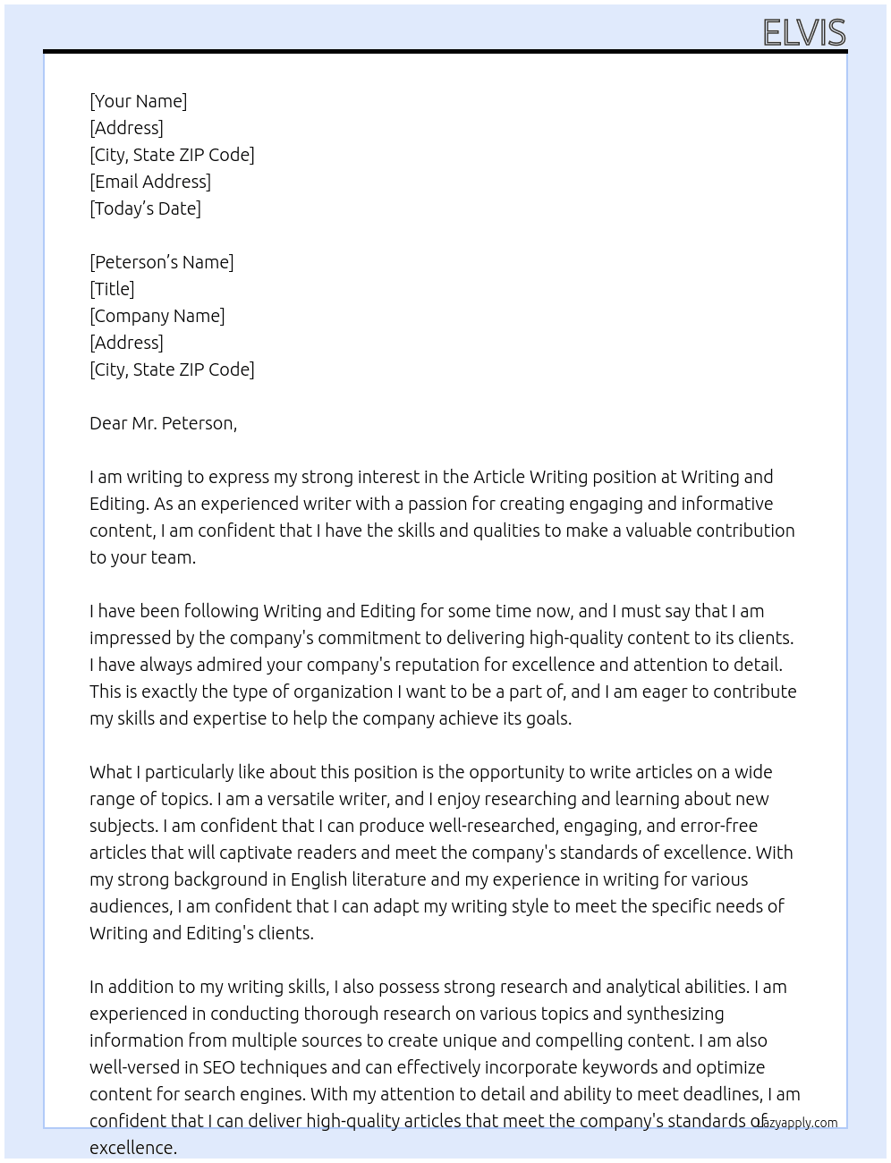 Article writing At Writing and editing Cover Letter
