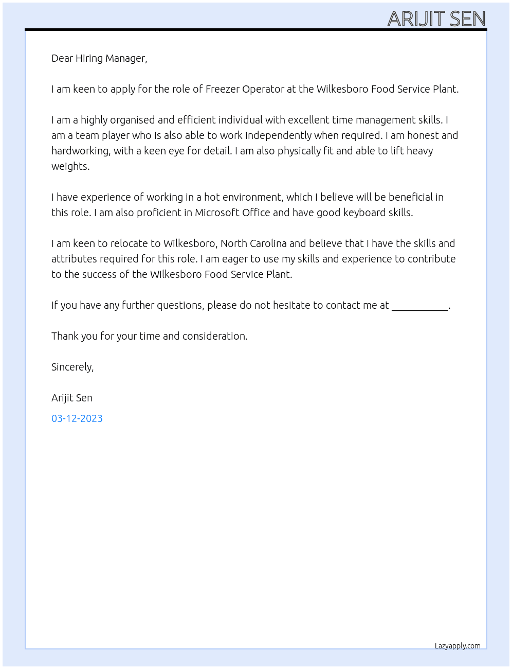 R0235433 (FREEZER OPERATOR) At Wilkesboro Food Service Plant Cover Letter