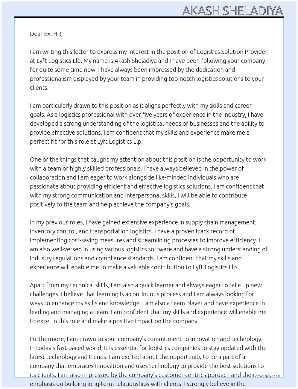 Logistics Solution Provider At Ex. Lyft Logistics Llp Cover Letter