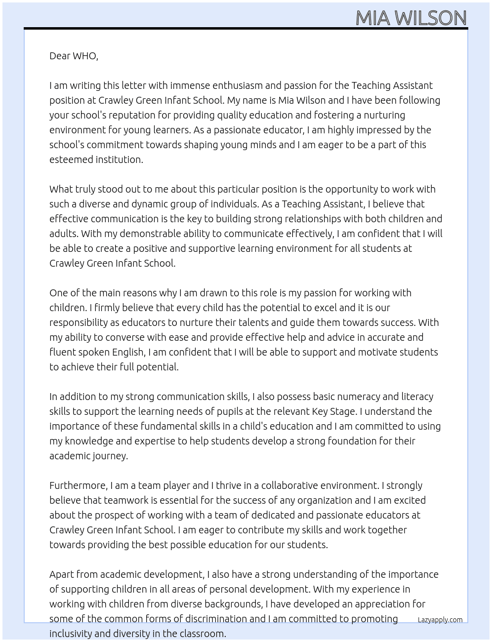 Teaching Assistant At Crawley Green Infant School Cover Letter