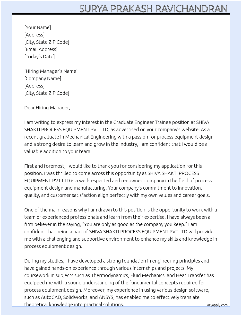 Graduate Engineer Trainee At SHIVA SHAKTI PROCESS EQUIPMENT PVT LTD Cover Letter