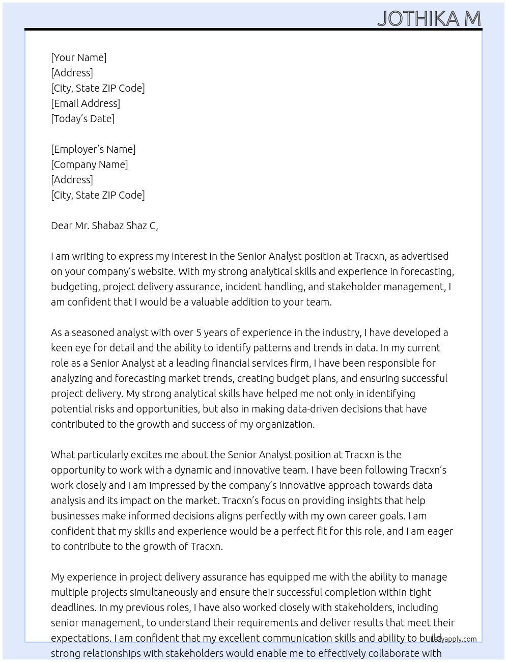 Senior Analyst  At Tracxn Cover Letter