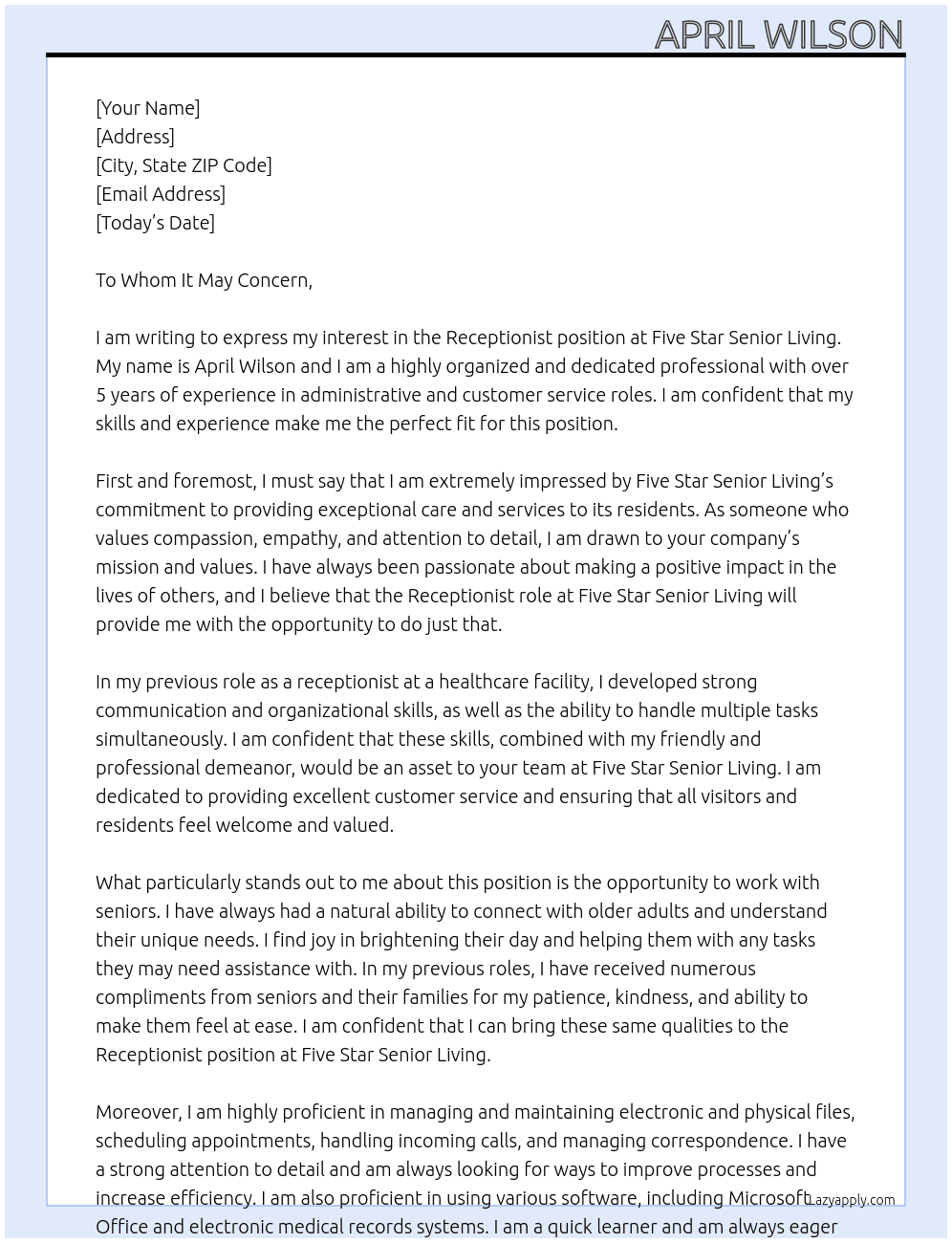 receptionist  At Five Star Senior Living Cover Letter