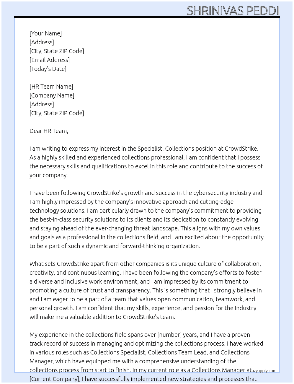 Specialist, Collections At crowdstrike Cover Letter