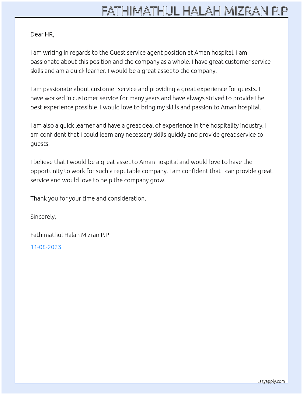 Guest service agent  At Aman hospital  Cover Letter