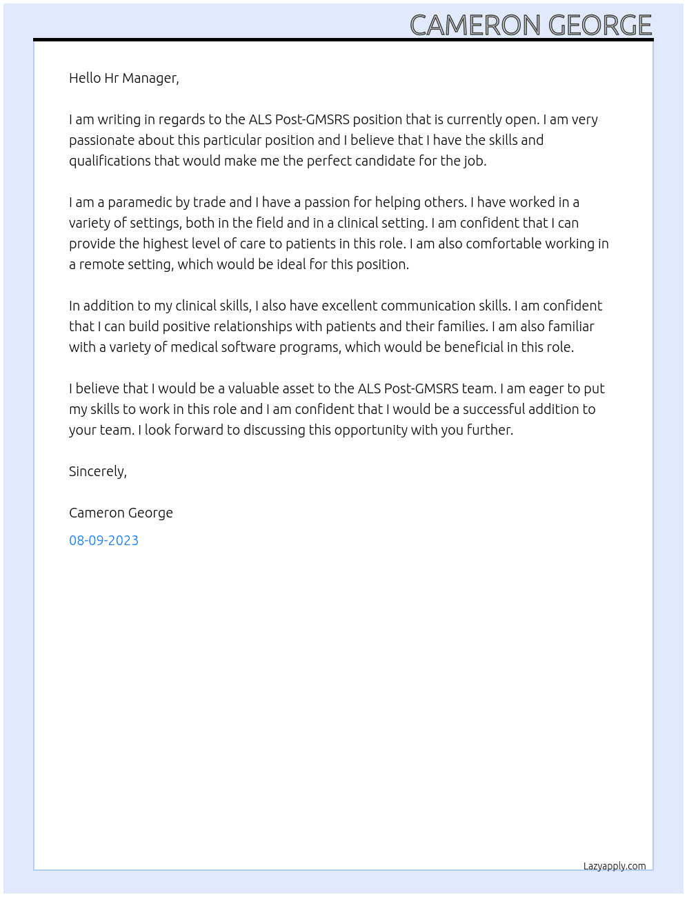ALS Post-GMSRS -Offshore at the site-based clinic- Red Sea-Middle East At ALS Post-GMSRS -Offshore at the site-based clinic- Red Sea-Middle East Cover Letter