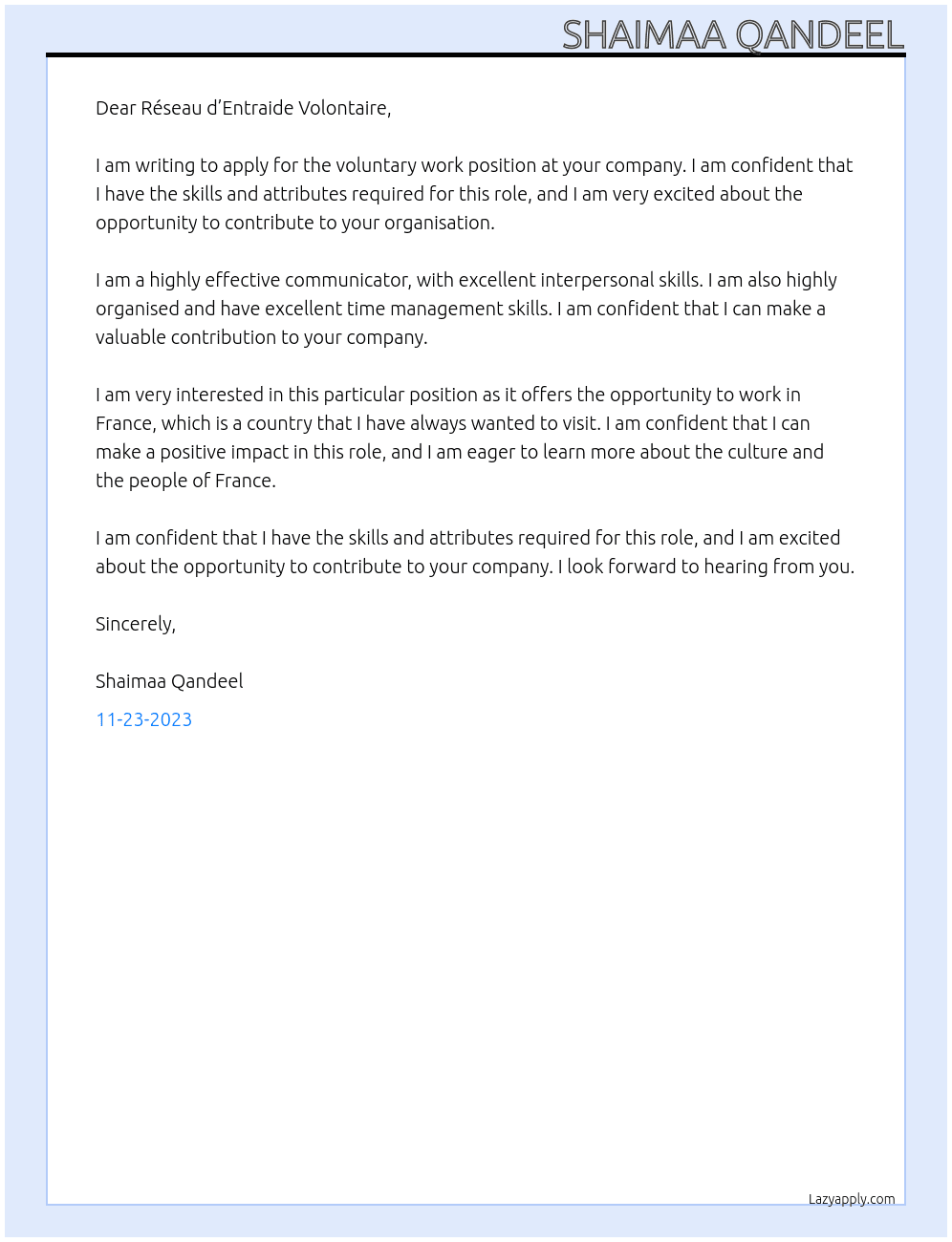 voluntary work at the Réseau d’Entraide Volontaire At Réseau d’Entraide Volontaire Cover Letter