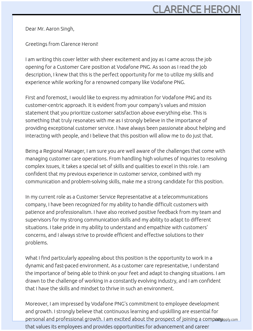Customer Care  At Vodafone PNG  Cover Letter
